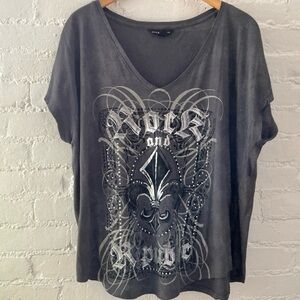 Rock & Republic Burnout Tee with Graphic Print Rhinestone Studs Bling Sz XL